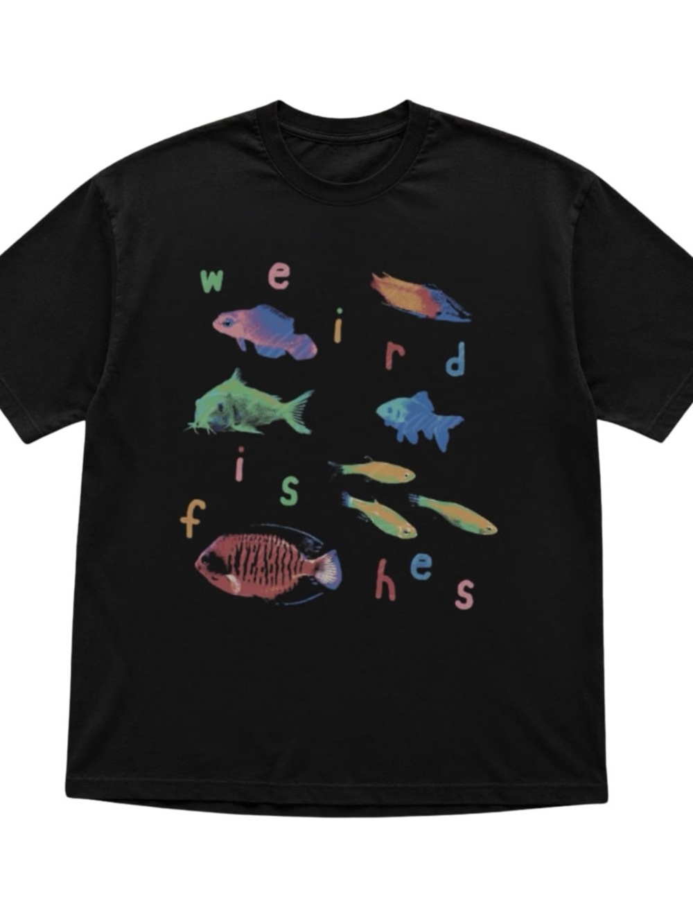 Black Short Sleeve Tee with Multicolor Fish Graphic